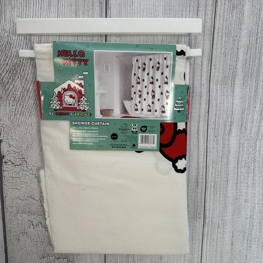 Hello Kitty Christmas Shower Curtain Sanrio Holiday Presents Festive White Red